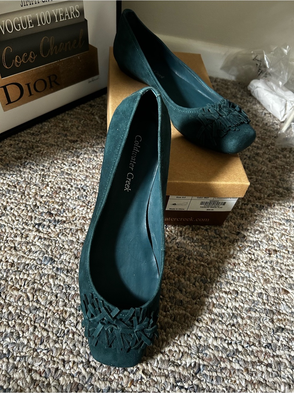 Coldwater Creek Teal Satin Fringe Ballet Flats, NWT Size 8.5M - Picture 2 of 7
